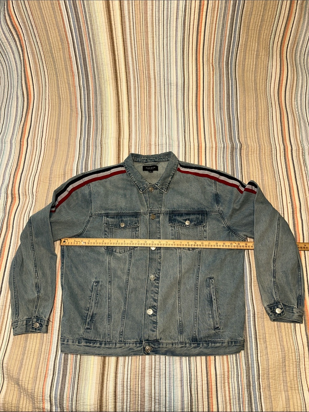 Upcycled PacSun Light Blue Denim Jacket with Red, White and Navy Sleeve Stripes - Picture 2 of 5